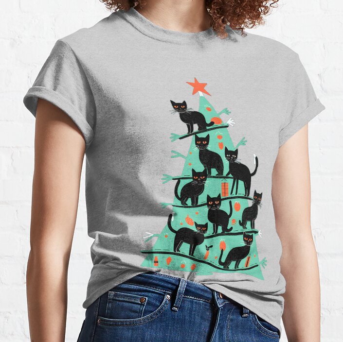ssrcoclassic_teewomensheather_greyfront_altsquare_product1000x1000.u1-2 Black Cats Christmas Tree T-Shirt Official Cow Anime Merch